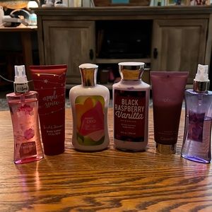 An assortment of body lotions and mists.